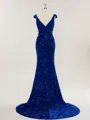 Sparkly Sheath/Column V-Neck Court Train Velvet Sequins Prom Dress With Slit