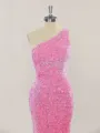 Sheath/Column One-Shoulder Glitter Sweep Train open back Velvet Sequins Prom Dress With Ruched