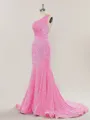 Sheath/Column One-Shoulder Glitter Sweep Train open back Velvet Sequins Prom Dress With Ruched
