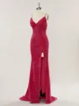 Shiny Sheath/Column V-Neck Sweep Train Velvet Sequins Prom Dress With Slit