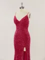 Shiny Sheath/Column V-Neck Sweep Train Velvet Sequins Prom Dress With Slit