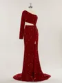 Sheath/Column One-Shoulder Long Sleeves Shimmery Sweep Train Velvet Sequins Prom Dress With Slit