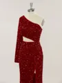 Sheath/Column One-Shoulder Long Sleeves Shimmery Sweep Train Velvet Sequins Prom Dress With Slit