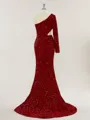 Sheath/Column One-Shoulder Long Sleeves Shimmery Sweep Train Velvet Sequins Prom Dress With Slit