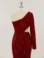 Sheath/Column One-Shoulder Long Sleeves Shimmery Sweep Train Velvet Sequins Prom Dress With Slit