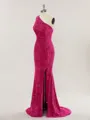 Sheath/Column One-Shoulder Glimmering Sweep Train open back Velvet Sequins Prom Dress With Slit
