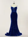 Sheath/Column Spaghetti Straps Sweep Train Dazzling Velvet Sequins Corset Prom Dress With Ruffles