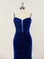 Sheath/Column Spaghetti Straps Sweep Train Dazzling Velvet Sequins Corset Prom Dress With Ruffles