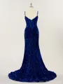 Sheath/Column Spaghetti Straps Sweep Train Dazzling Velvet Sequins Corset Prom Dress With Ruffles