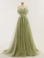 Elegant A-line Off-the-Shoulder Court Train open back Tulle Corset Prom Dress With Sequins