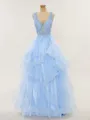 A-line Charming V-Neck Floor-Length Tulle Prom Dress With Appliques Lace