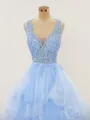 A-line Charming V-Neck Floor-Length Tulle Prom Dress With Appliques Lace