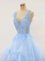 A-line Charming V-Neck Floor-Length Tulle Prom Dress With Appliques Lace