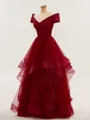 A-line Stunning Off-the-Shoulder Floor-Length Tulle Prom Dress With Ruffles