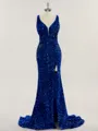 Sheath/Column V-Neck Shining Sweep Train Velvet Sequins Prom Dress With Slit