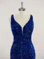 Sheath/Column V-Neck Shining Sweep Train Velvet Sequins Prom Dress With Slit