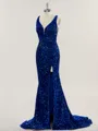Sheath/Column V-Neck Shining Sweep Train Velvet Sequins Prom Dress With Slit