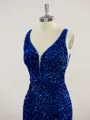 Sheath/Column V-Neck Shining Sweep Train Velvet Sequins Prom Dress With Slit