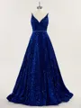 A-line V-Neck Coruscating Sweep Train Velvet Sequins Prom Dress