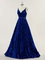 A-line V-Neck Coruscating Sweep Train Velvet Sequins Prom Dress