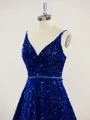 A-line V-Neck Coruscating Sweep Train Velvet Sequins Prom Dress