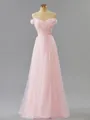 A-line Off-the-Shoulder Unique Floor-Length Tulle Prom Dress With Pleated