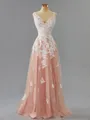 Charming A-line V-Neck Floor-Length Tulle Prom Dress With Appliques Lace
