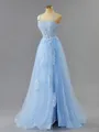 Delicate A-line Spaghetti Straps Sweep Train Tulle Prom Dress With Slit