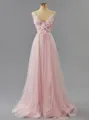 A-line Dazzling V-Neck Sweep Train open back Tulle Corset Prom Dress With Appliques Lace