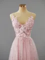A-line Dazzling V-Neck Sweep Train open back Tulle Corset Prom Dress With Appliques Lace