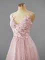A-line Dazzling V-Neck Sweep Train open back Tulle Corset Prom Dress With Appliques Lace