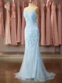 Classy Trumpet/Mermaid Spaghetti Straps Court Train open back Tulle Prom Dress With Appliques Lace