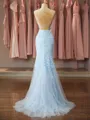 Classy Trumpet/Mermaid Spaghetti Straps Court Train open back Tulle Prom Dress With Appliques Lace