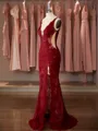 Flattering Trumpet/Mermaid V-Neck Sweep Train Tulle Prom Dress With Slit