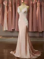 Gorgeous Trumpet/Mermaid V-Neck Sweep Train open back Silk like Satin Prom Dress With Appliques Lace