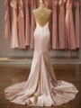 Gorgeous Trumpet/Mermaid V-Neck Sweep Train open back Silk like Satin Prom Dress With Appliques Lace