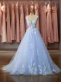 Graceful Ball-Gown Off-the-Shoulder Chapel Train Tulle Prom Dress With Flower