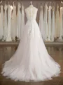 Perfect A-line V-Neck Court Train Tulle Wedding Dress With Applique
