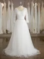 A-line V-Neck Fashion 3/4 Sleeves Sweep Train Tulle Wedding Dress With Ruched