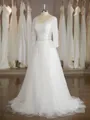 A-line V-Neck Fashion 3/4 Sleeves Sweep Train Tulle Wedding Dress With Ruched