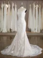 Trumpet/Mermaid Straps Sweep Train Unique Lace Wedding Dress With Applique