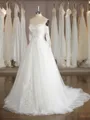 Pretty A-line Sweetheart Long Sleeves Sweep Train Tulle Wedding Dress With Applique