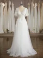 A-line V-Neck Short Sleeves Floor-Length Opulent Tulle Wedding Dress With Applique