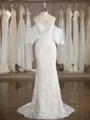 Sheath/Column Exquisite V-Neck Short Sleeves Sweep Train Lace Wedding Dress With Applique