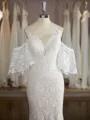 Sheath/Column Exquisite V-Neck Short Sleeves Sweep Train Lace Wedding Dress With Applique