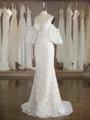 Sheath/Column Exquisite V-Neck Short Sleeves Sweep Train Lace Wedding Dress With Applique