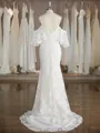 Sheath/Column Exquisite V-Neck Short Sleeves Sweep Train Lace Wedding Dress With Applique