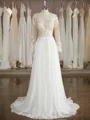 A-line Splendid V-Neck Long Sleeves Sweep Train Chiffon Wedding Dress With Applique