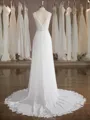A-line V-Neck Grand Sweep Train Chiffon Wedding Dress With Applique