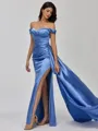 Regal Sheath Off-the-Shoulder Pleated Sweep Train Silk Like Satin Bridesmaid Dress